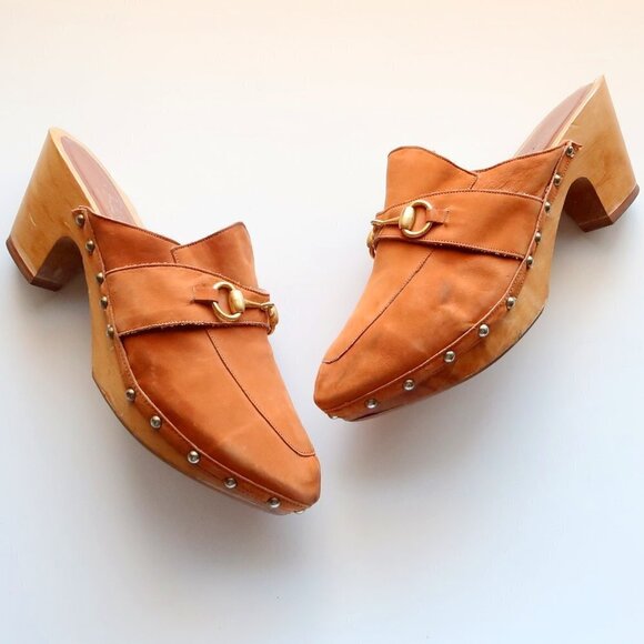 Rangonii of Florence Italian Tan Leather Gold Horse-bit Wooden Clogs / Mules 9